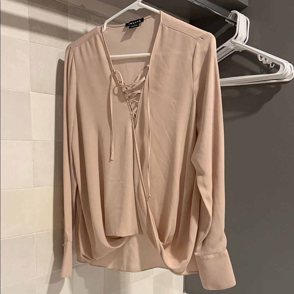 Trouve Beige Lace-Up Blouse